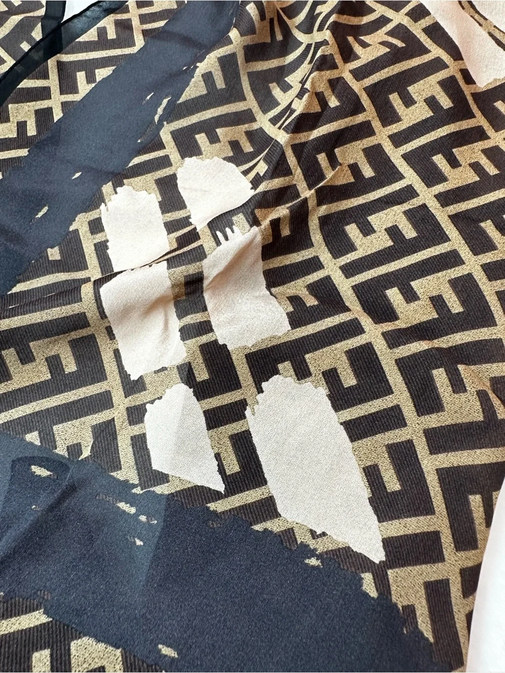 Fendi Brown Cream FF Monogram Diagonal Pattern Scarf